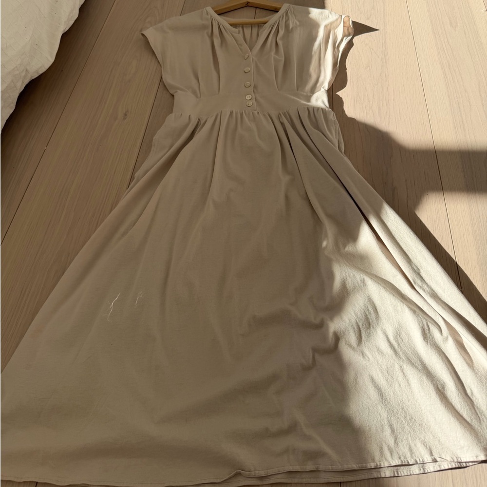 Elegant Cotton-Blend Midi Dress in Light Beige